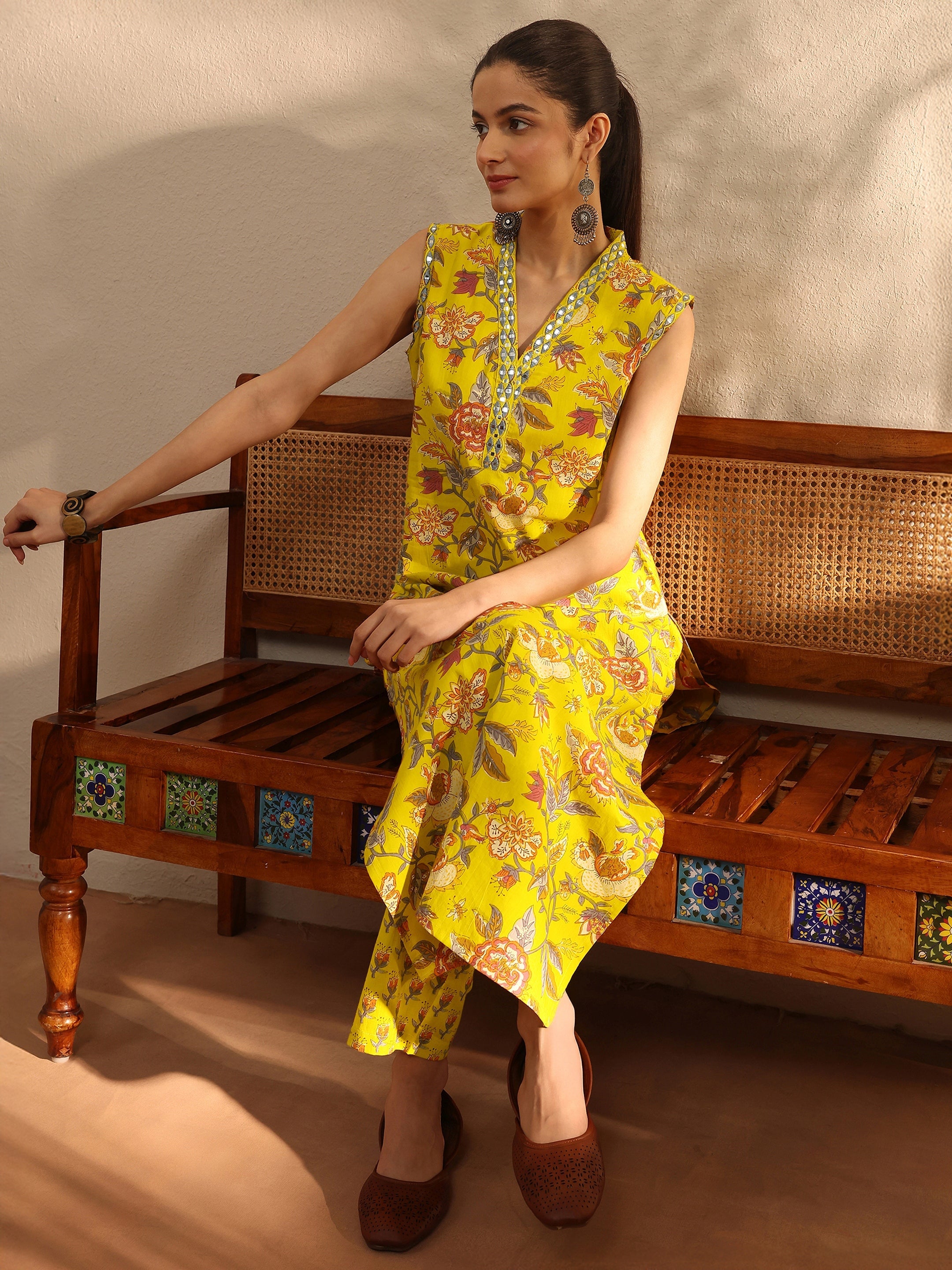 libas Mustard Floral Printed Cotton Blend Straight Kurta Set-picture-23