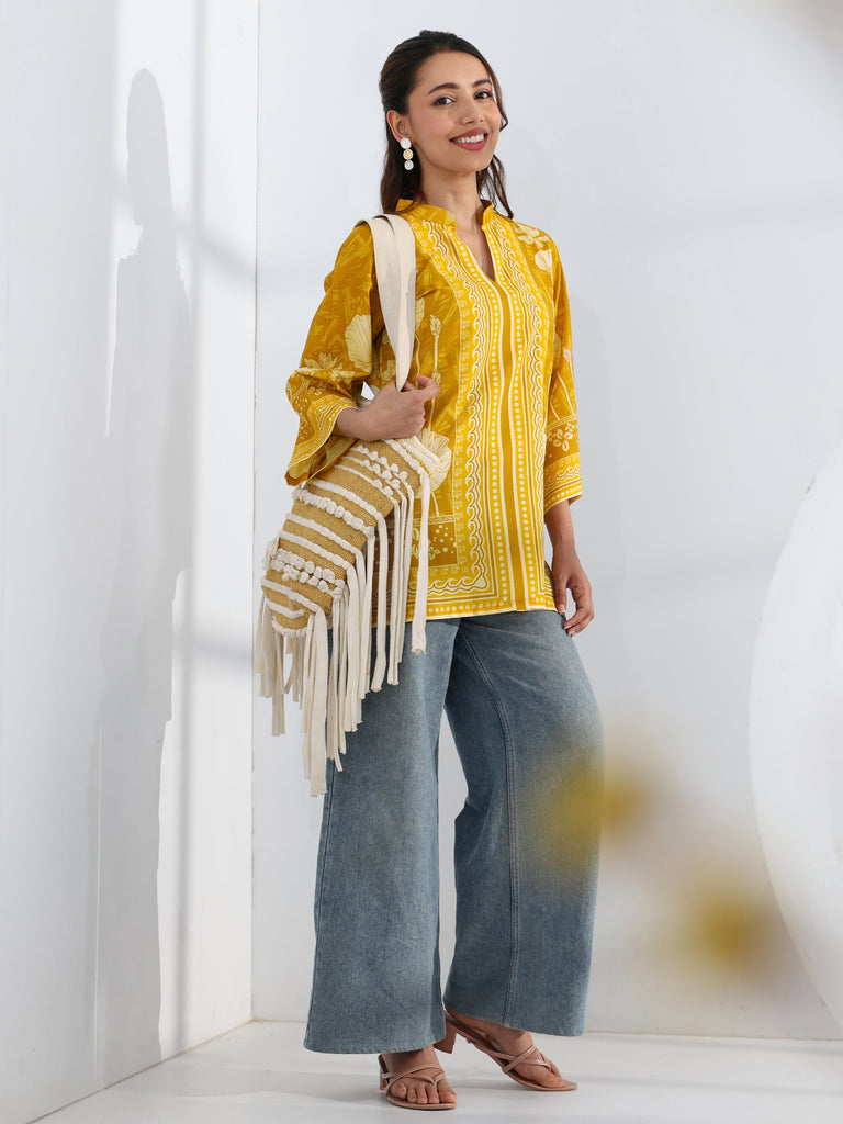 Libas Mustard Floral Printed Cotton Blend Straight Short Kurti