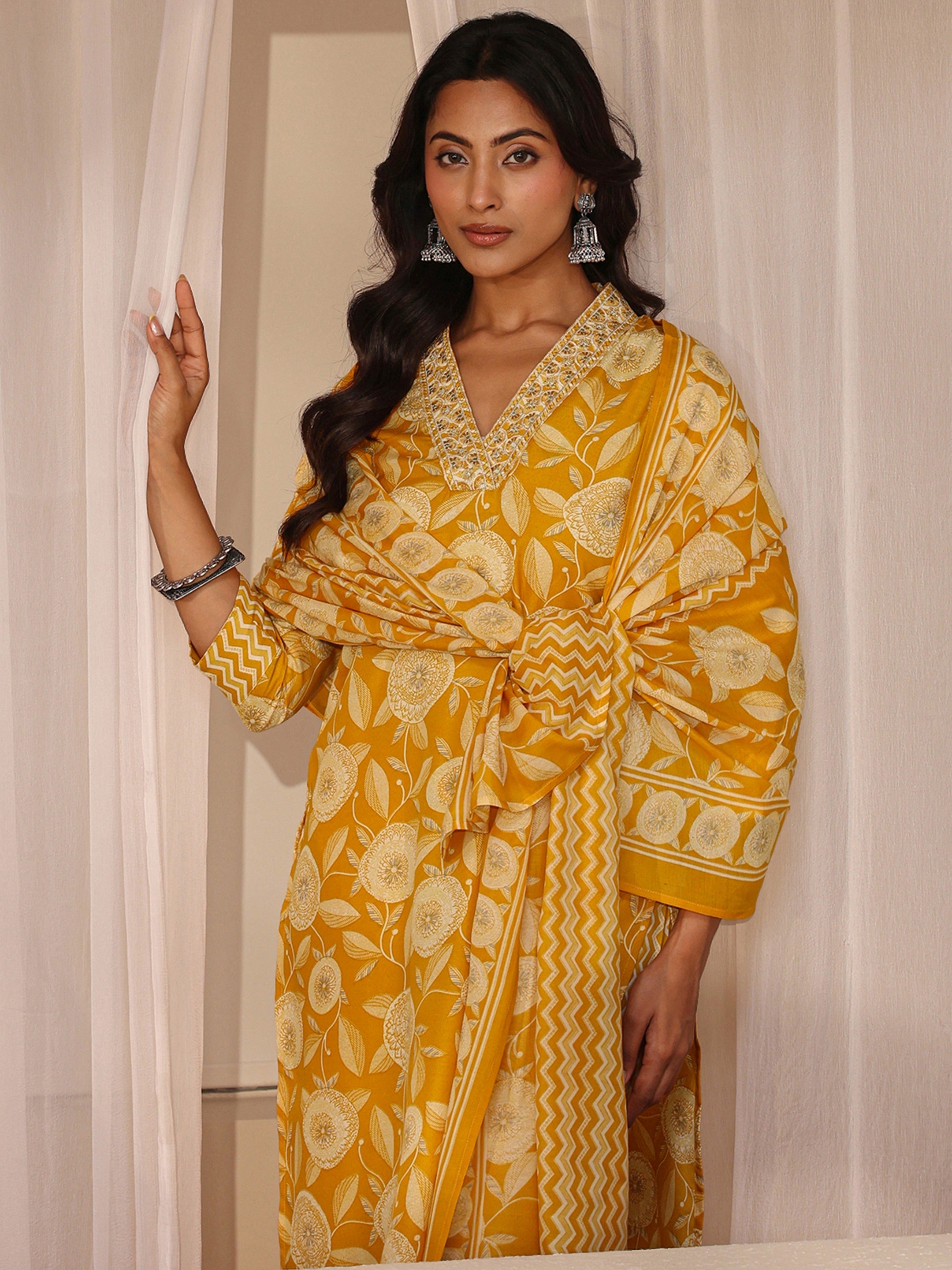 libas Mustard Floral Printed Cotton Blend Straight Suit Set-picture-25