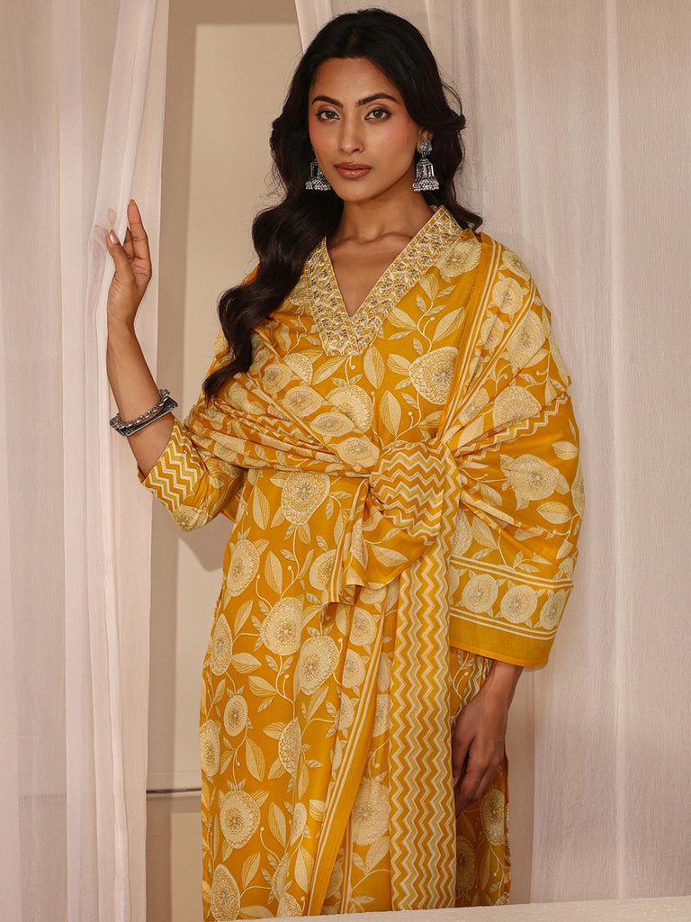 Gerua Mustard Floral Printed Cotton Blend Straight Suit Set
