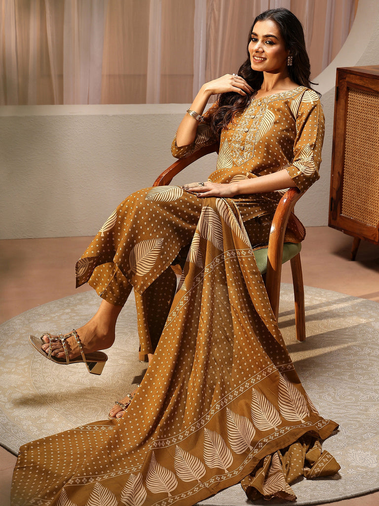 Gerua Mustard Floral Printed Cotton Blend Straight Suit Set