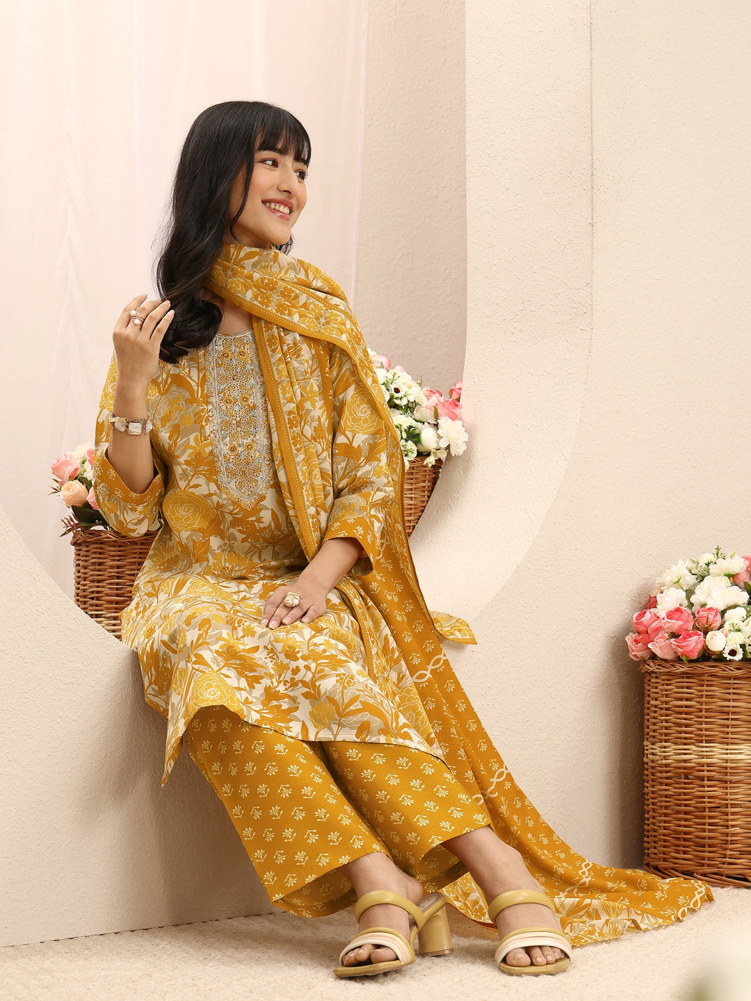 Mustard Floral Printed Cotton Blend Straight Suit Set With Dupatta