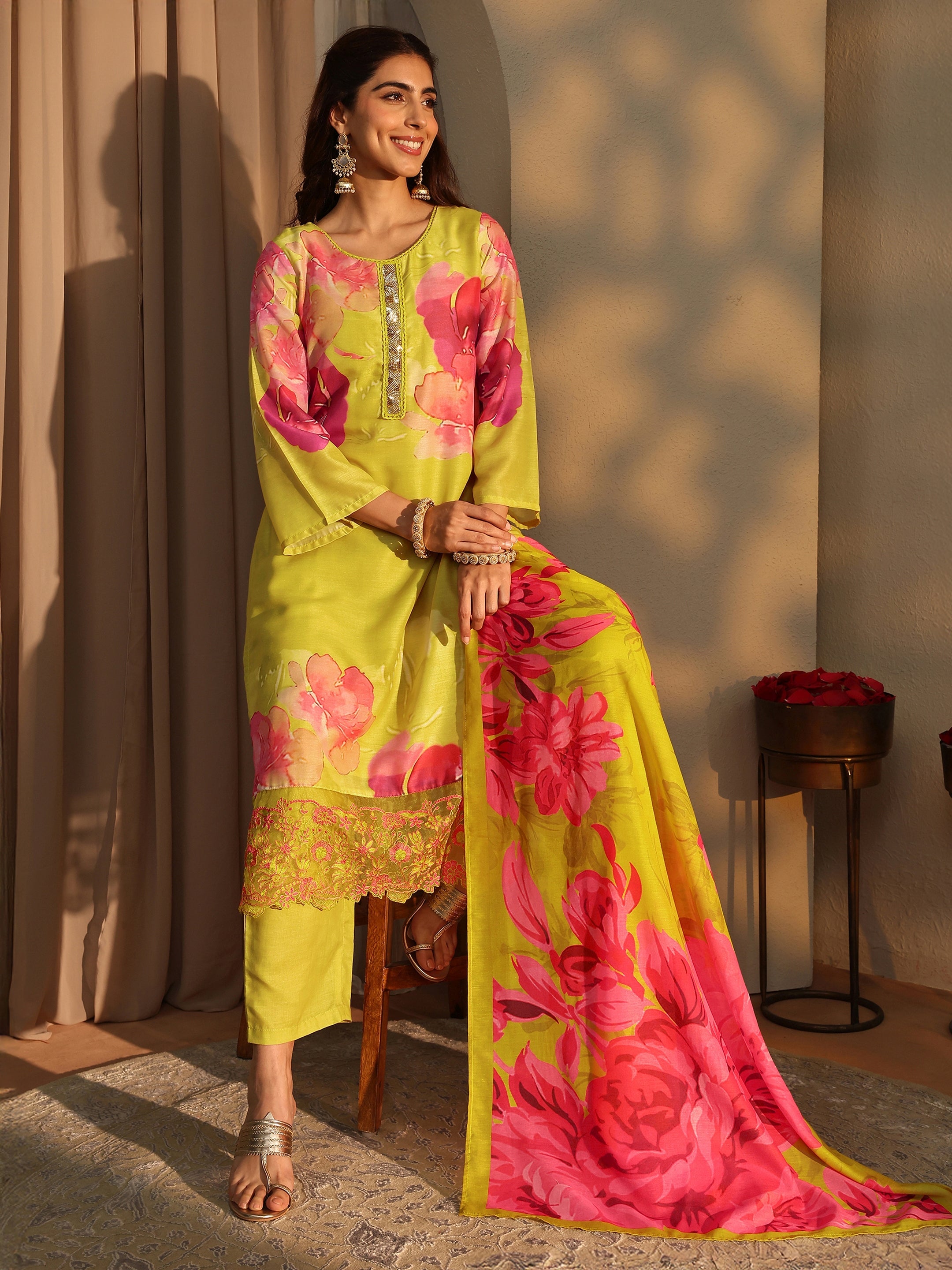 libas Mustard Floral Printed Cotton Blend Straight Suit Set With Dupatta-picture-22
