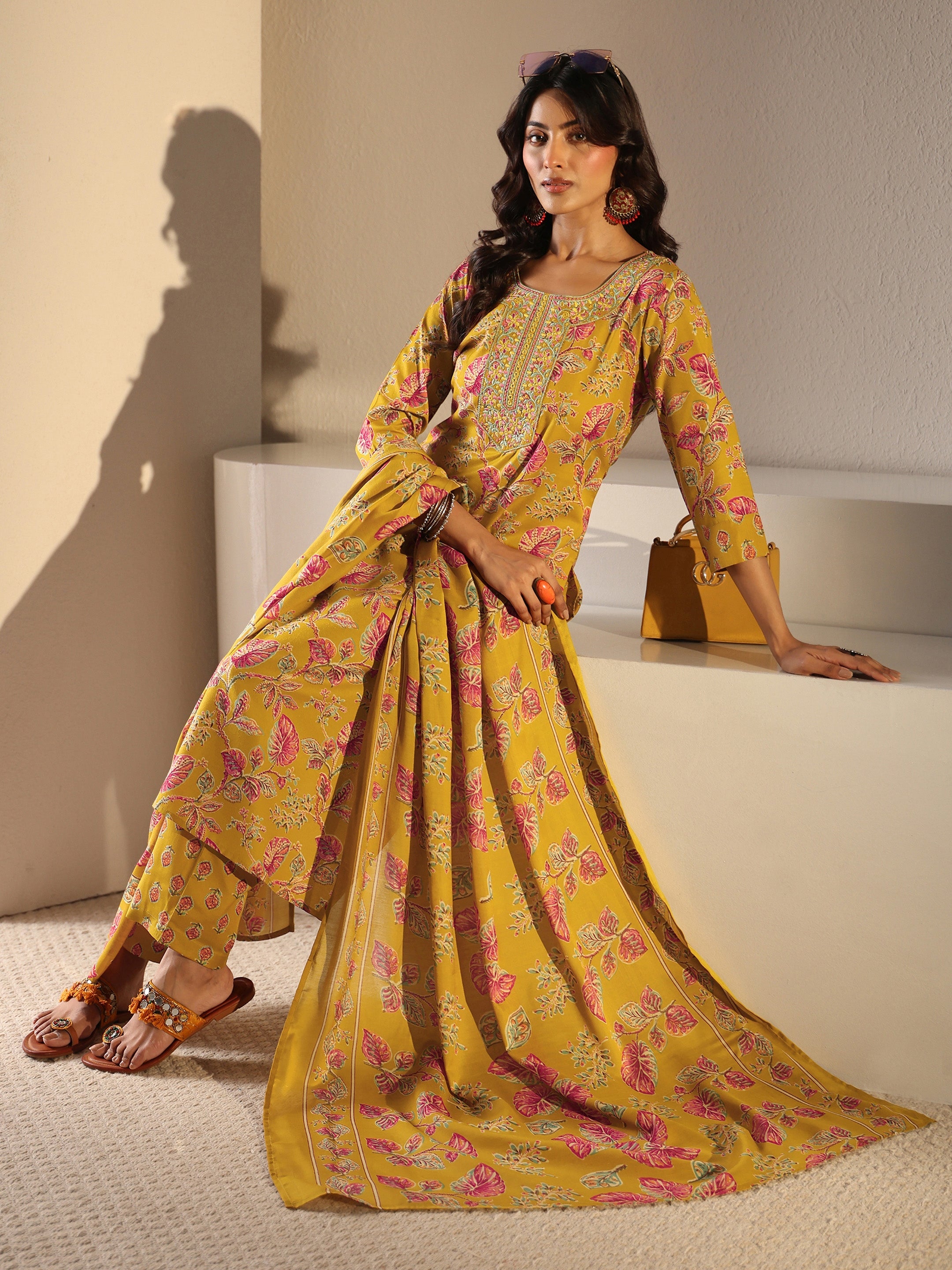 libas Mustard Floral Printed Cotton Blend Straight Suit Set With Dupatta-picture-28