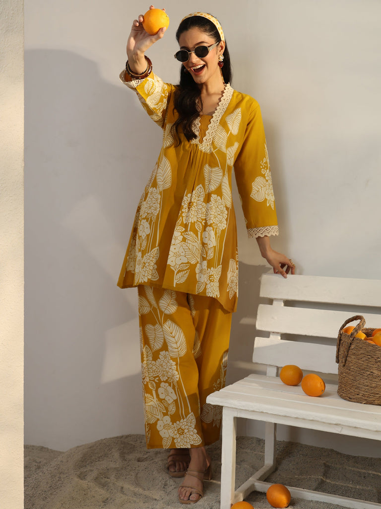 Libas Mustard Floral Printed Cotton Co-Ord Set