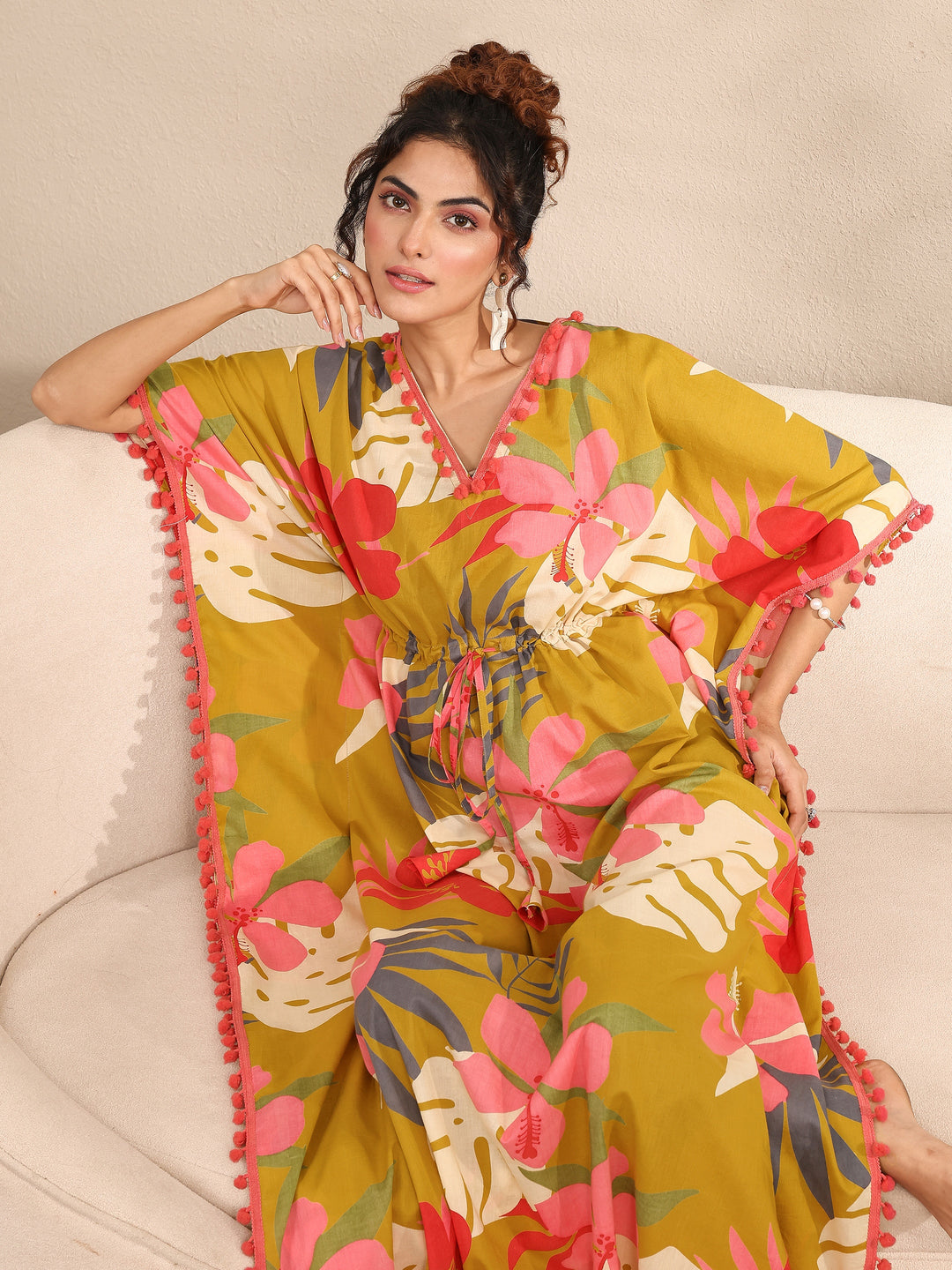 Mustard Floral Printed Cotton Kaftan Night Dress