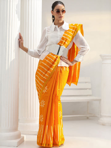 Mustard Floral Printed Cotton saree