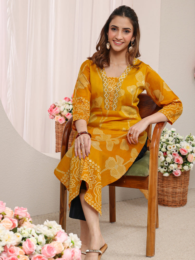 Libas Mustard Floral Printed Cotton Straight Kurta