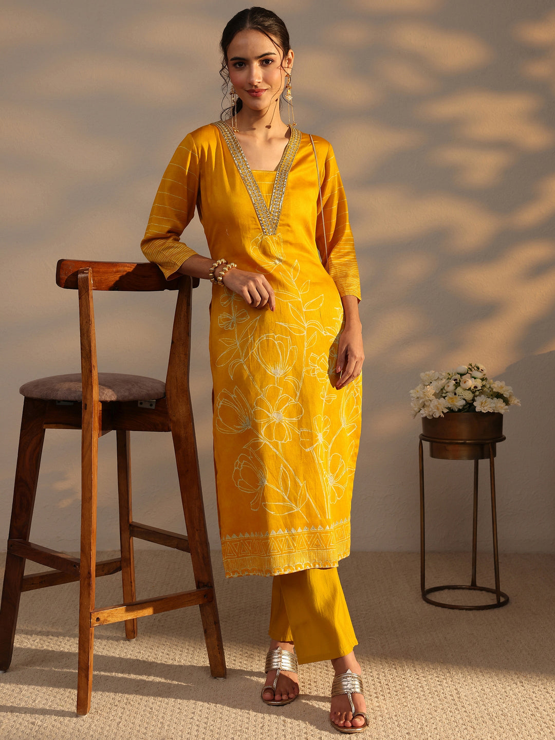  Mustard Floral Printed Cotton Straight Kurta 
