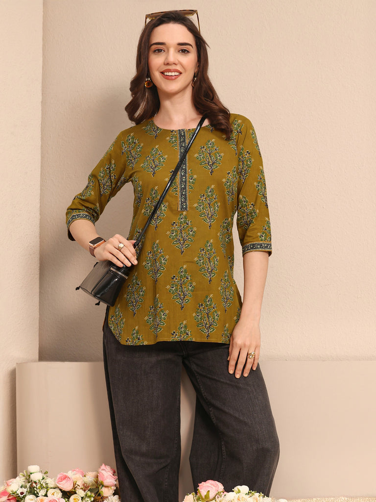 Libas Mustard Floral Printed Cotton Straight Short Kurti