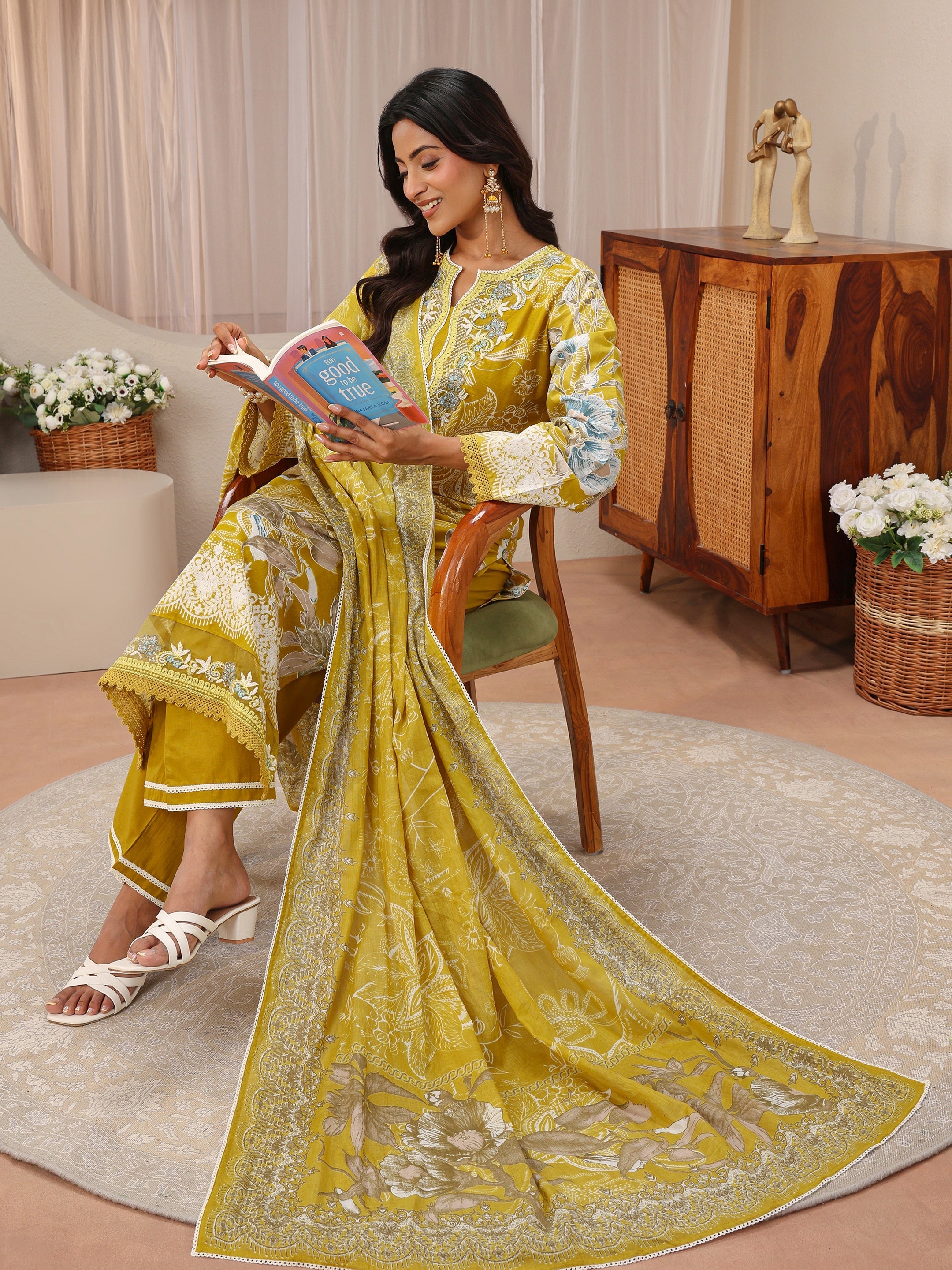 libas Mustard Floral Printed Cotton Straight Suit Set-picture-21