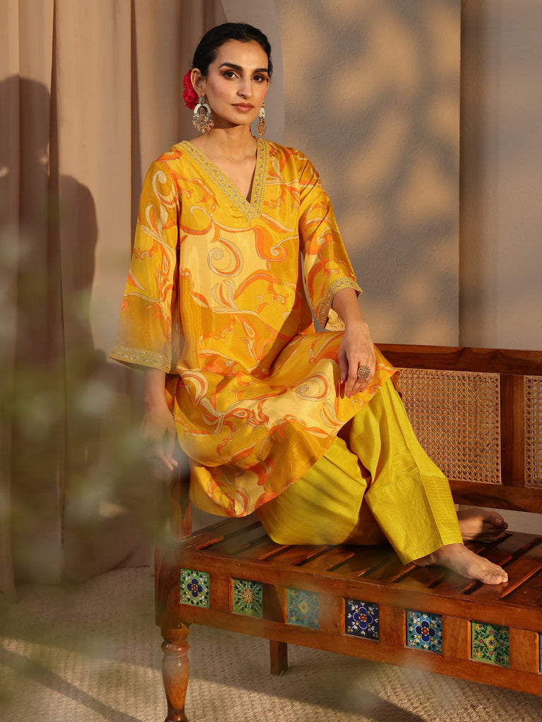 Libas Mustard Floral Printed Silk Blend Co-Ord Set