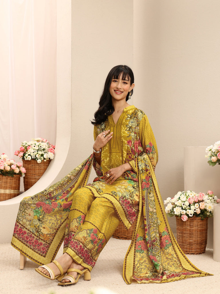 Libas Mustard Floral Printed Silk Blend Straight Suit Set With Dupatta