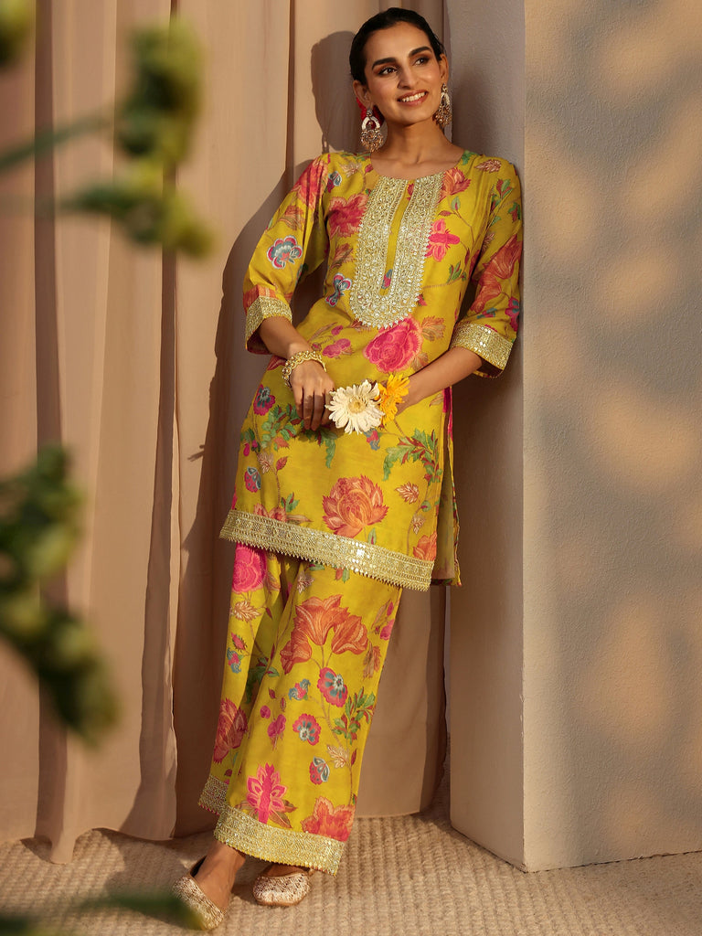 Libas Mustard Floral Printed Silk Blend Co-Ord Set