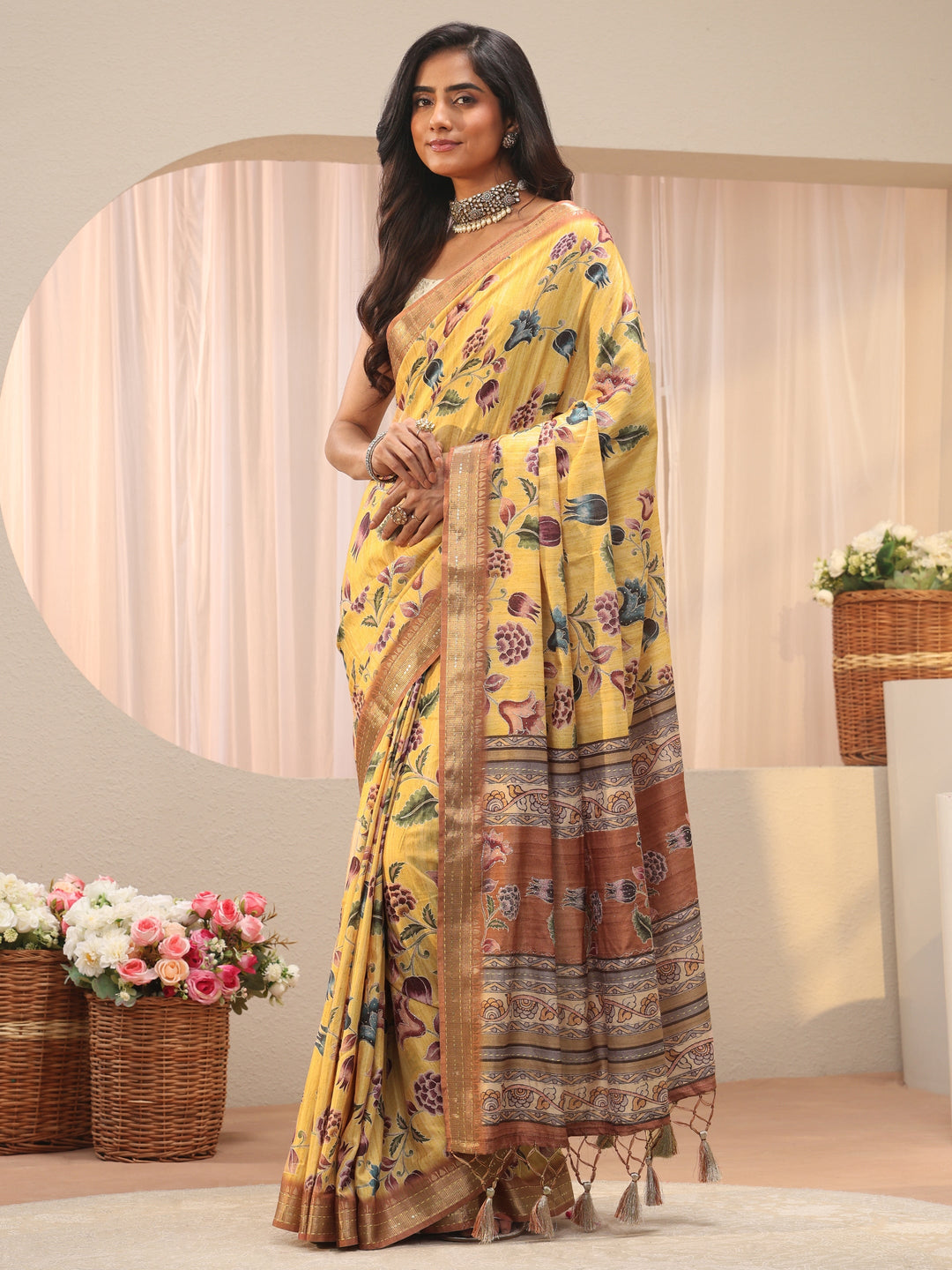 Mustard Floral Printed Silk Blend Saree