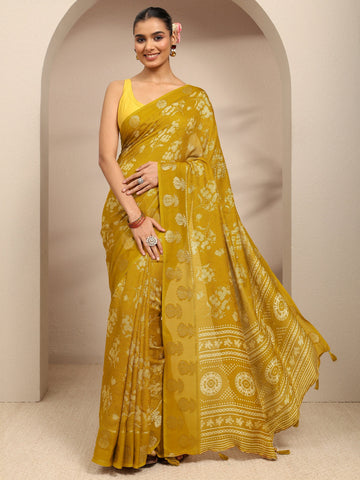 Mustard Floral Printed Silk Blend Saree With Unstitched Blouse Piece