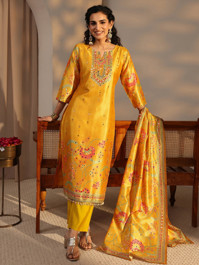 Libas Mustard Floral Printed Silk Blend Straight Suit Set With Dupatta