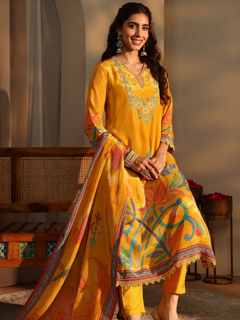 Libas Mustard Floral Printed Silk Crepe Straight Suit Set With Dupatta