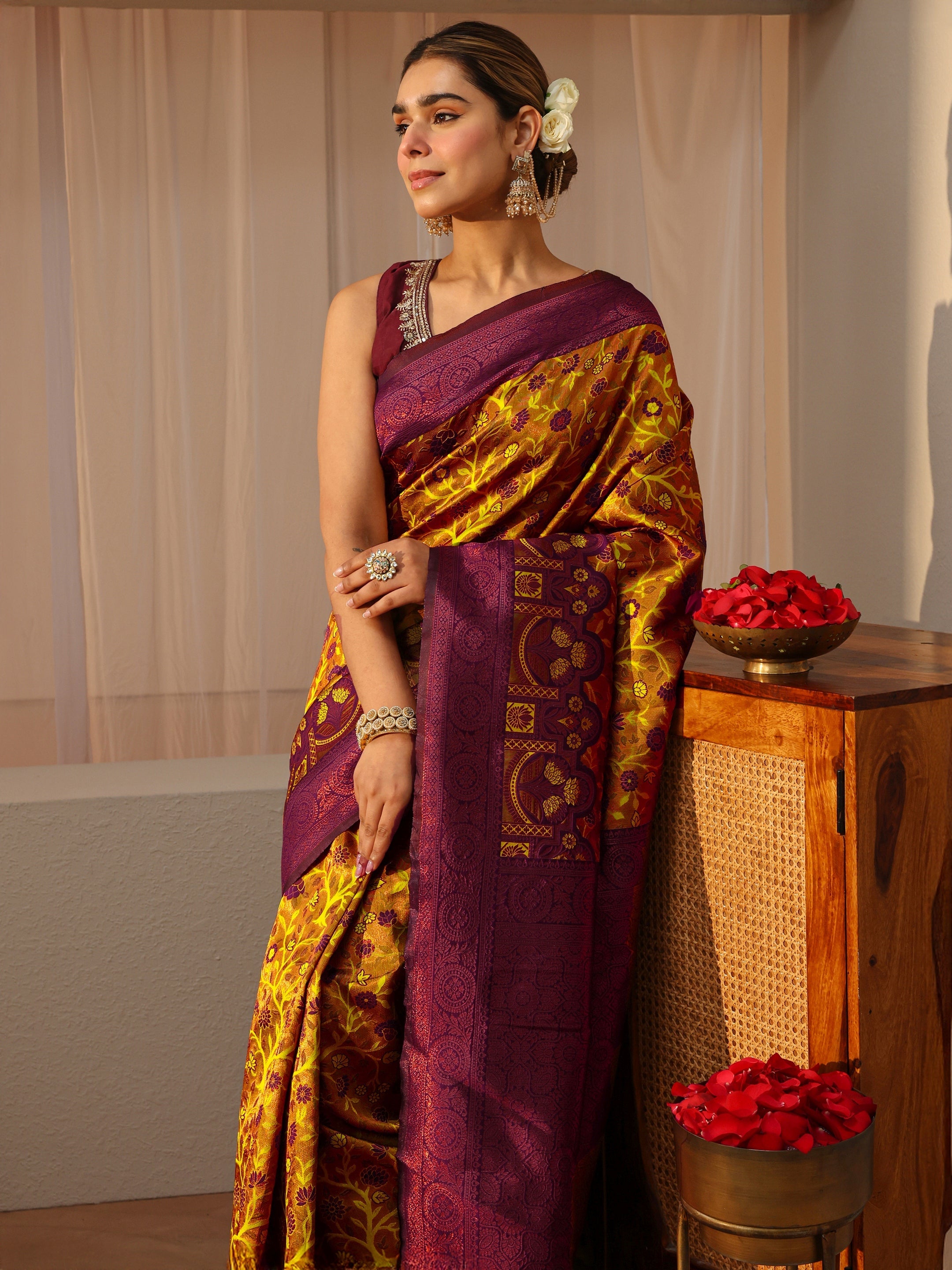 libas Mustard Floral Woven Design Silk Blend Saree-picture-46