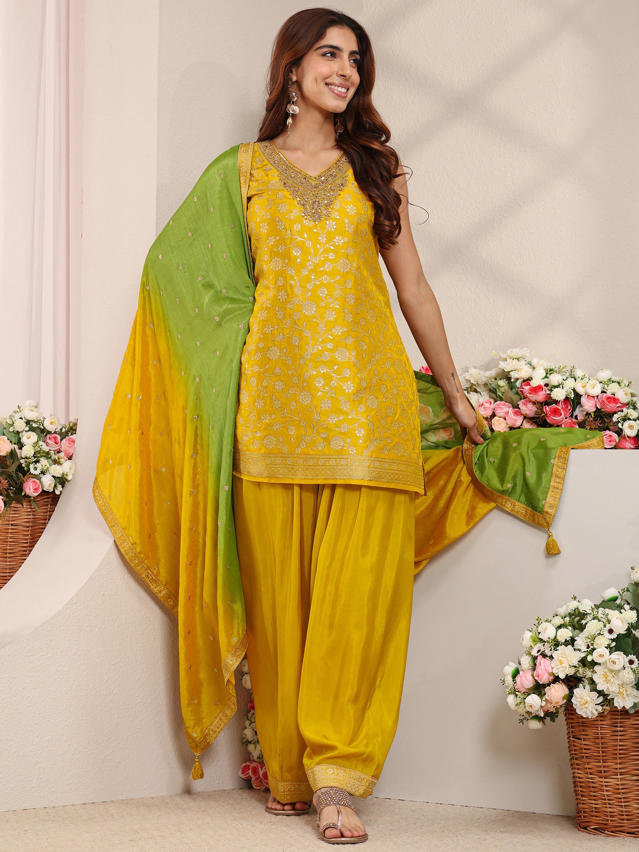 Mustard Floral Woven Design Silk Blend Straight Suit Set With Dupatta-image-20