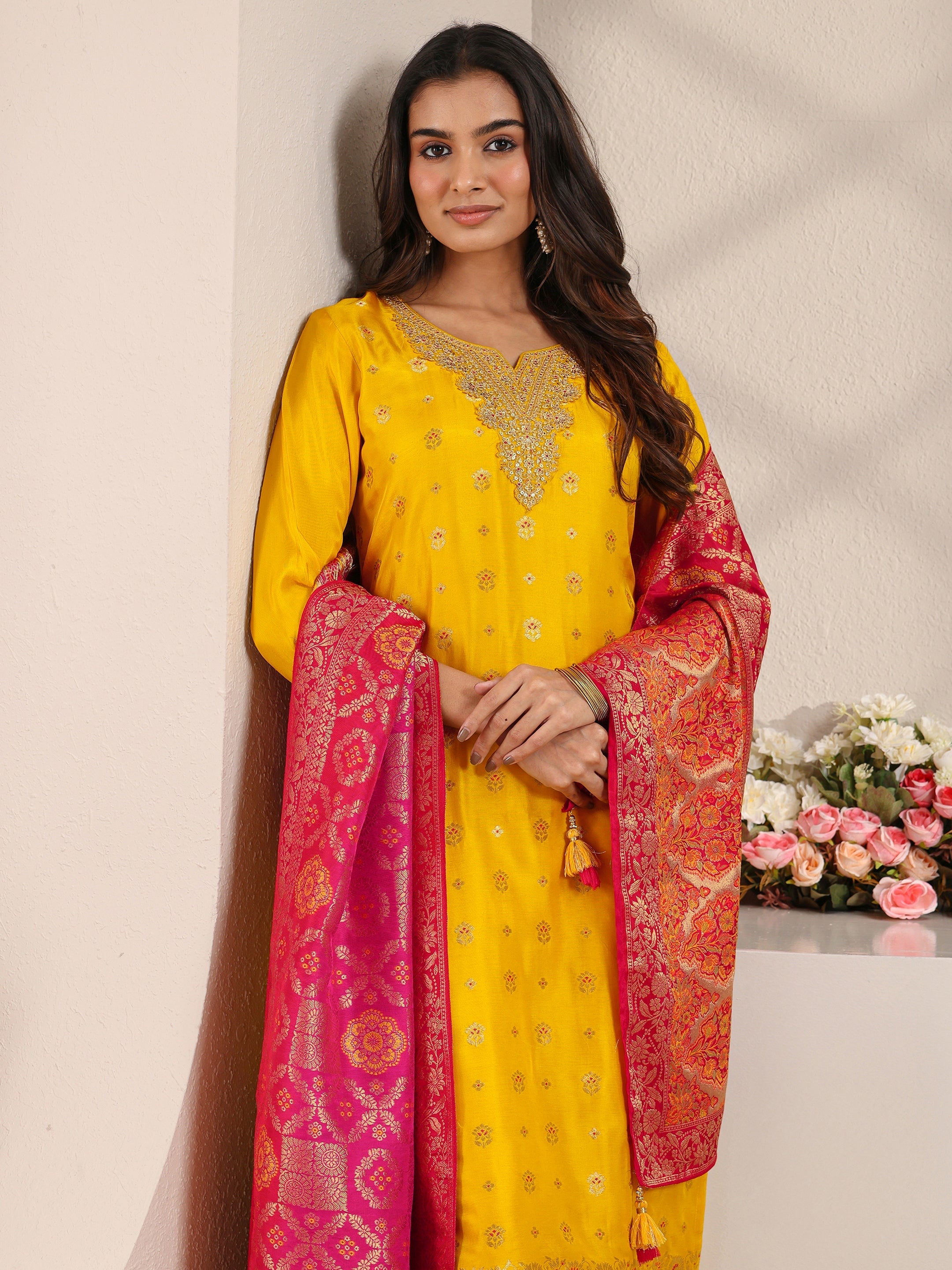 Mustard Floral Woven Design Silk Blend Straight Suit Set With Dupatta-image-26