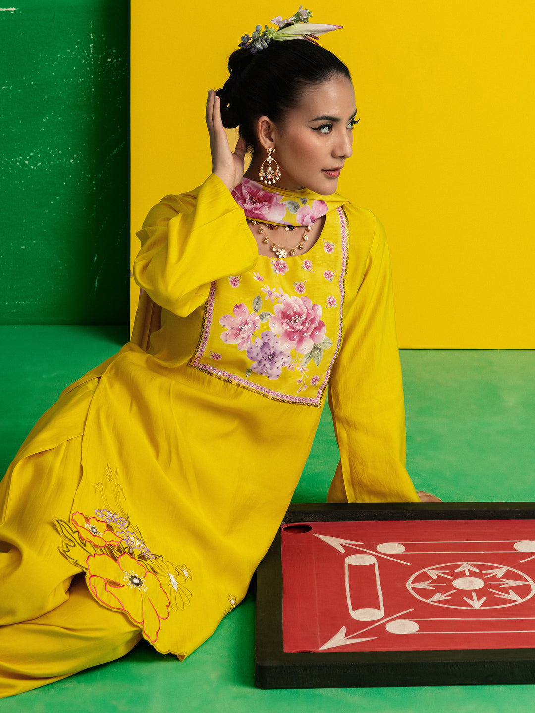 Mustard Floral Yoke Design Silk Blend Straight Suit Set With Dupatta