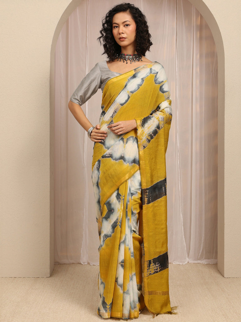 Libas Mustard Geometric Printed Cotton Blend Saree With Unstitched Blouse Piece