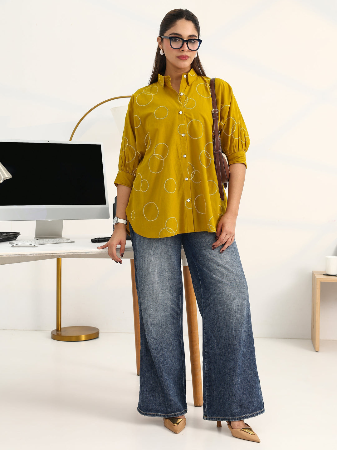  Mustard Geometric Printed Cotton Shirt 