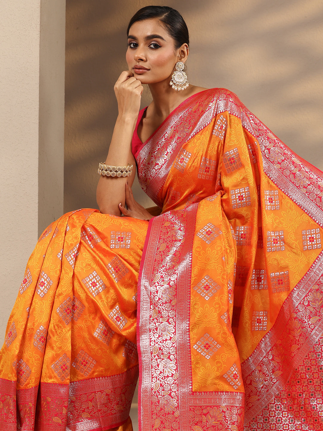  Mustard Geometric Woven Design Silk Blend Saree With Unstitched Blouse Piece 