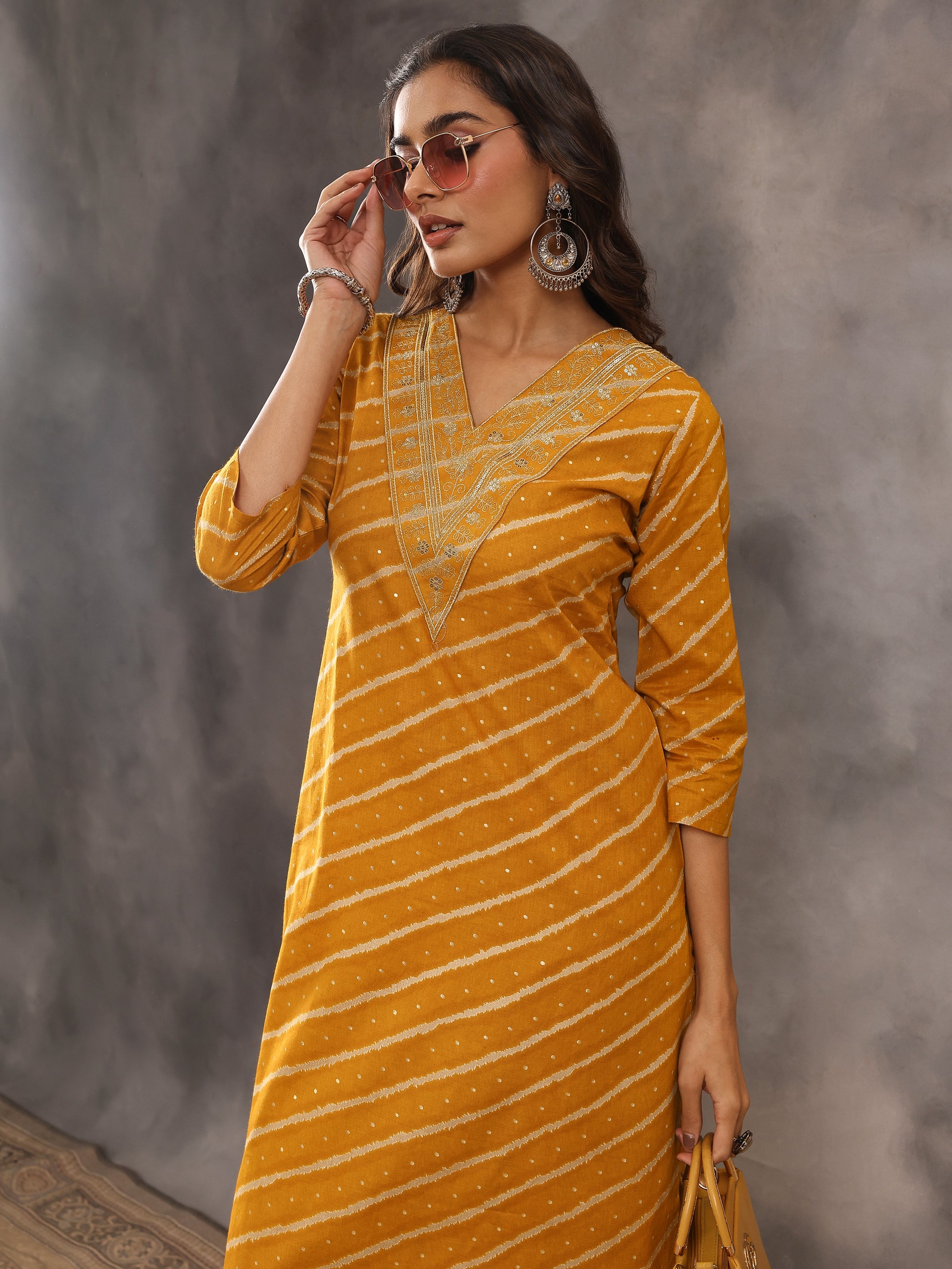 libas Mustard Leheriya Printed Cotton Straight Kurta-picture-31