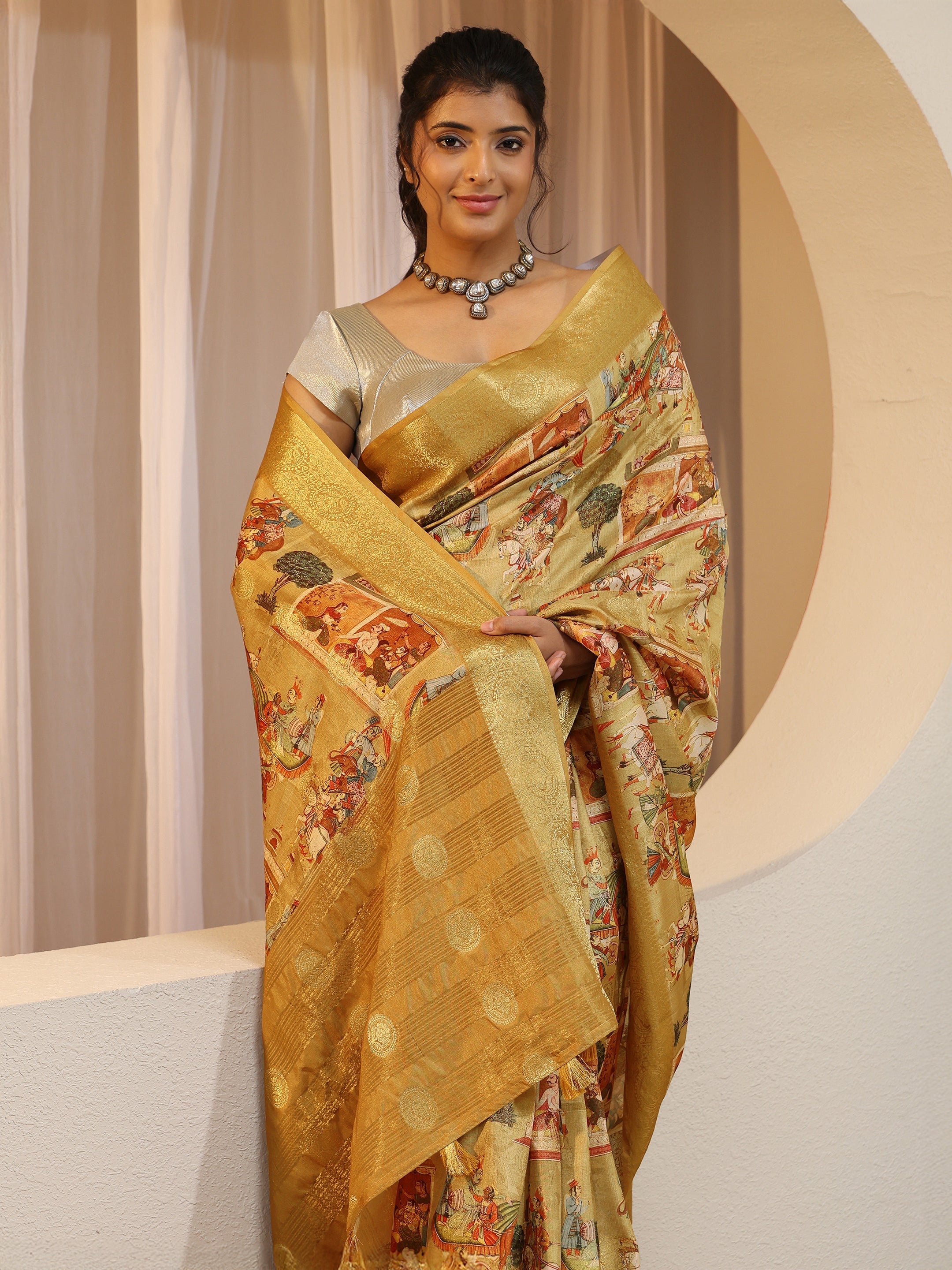 libas Mustard Maharaja Print Silk Blend Saree-picture-66