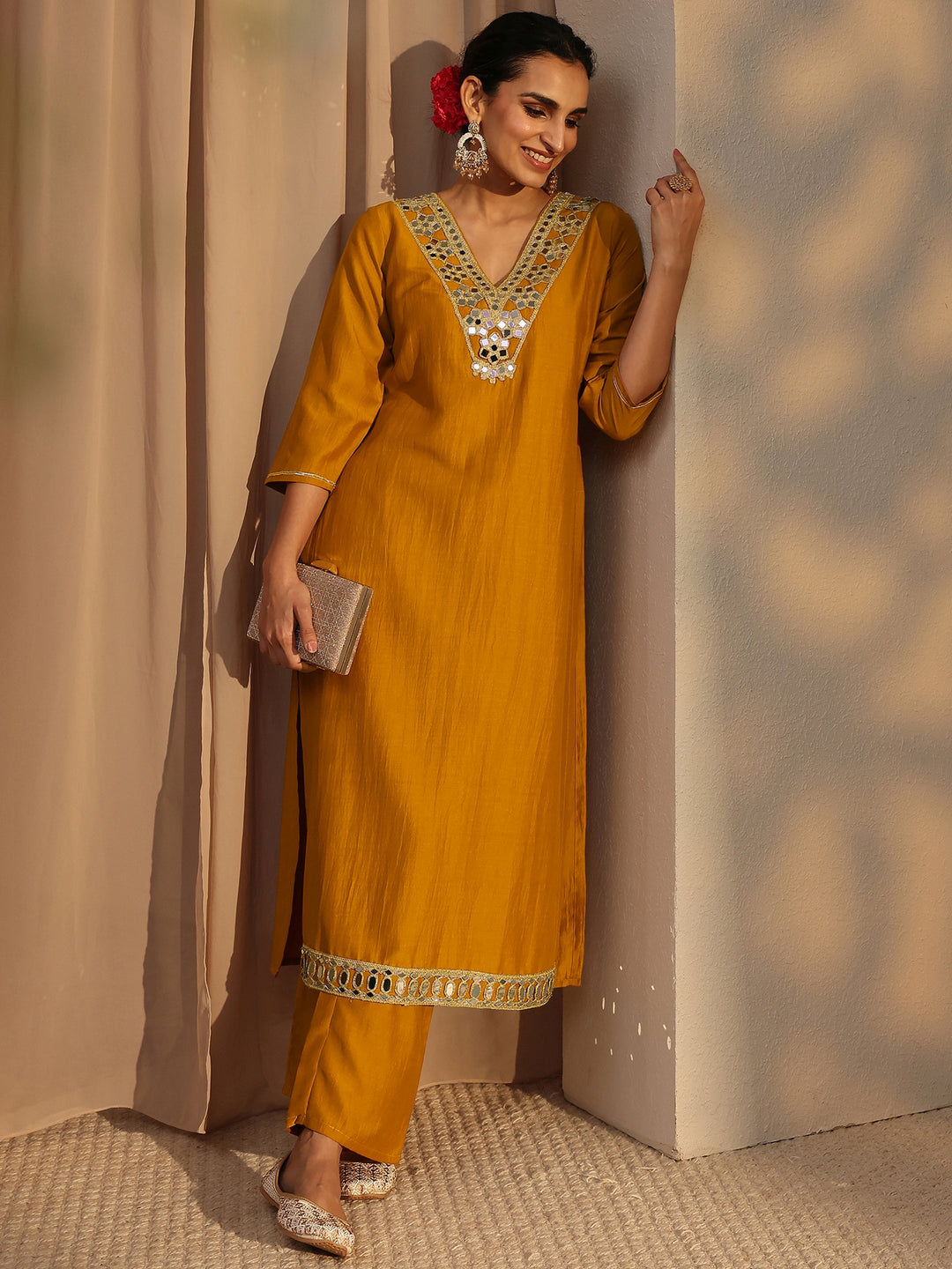  Mustard Mirror Work Yoke Design Silk Blend Straight Kurta Set 