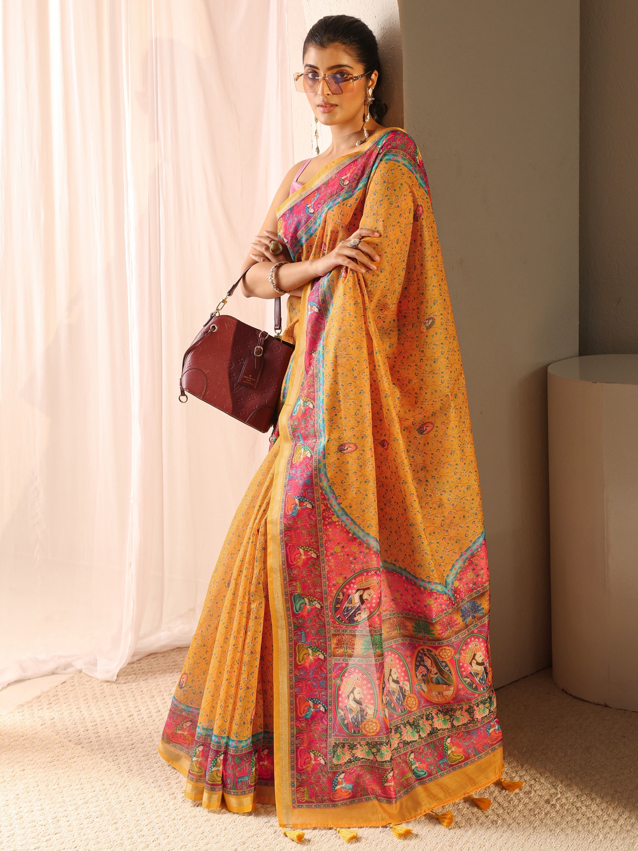 Mustard Mughal Printed Silk Blend Tassel Saree With Unstitched Blouse Piece-image-42