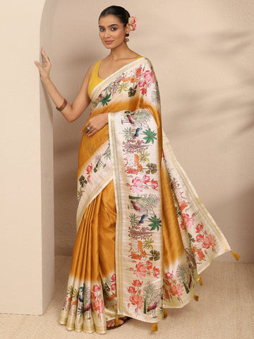 Mustard Ombre Solid Silk Blend Saree With Unstitched Blouse Piece