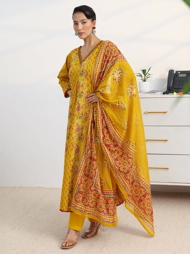 Gerua Mustard Paisley Printed Cotton Blend A-Line Suit Set With Dupatta