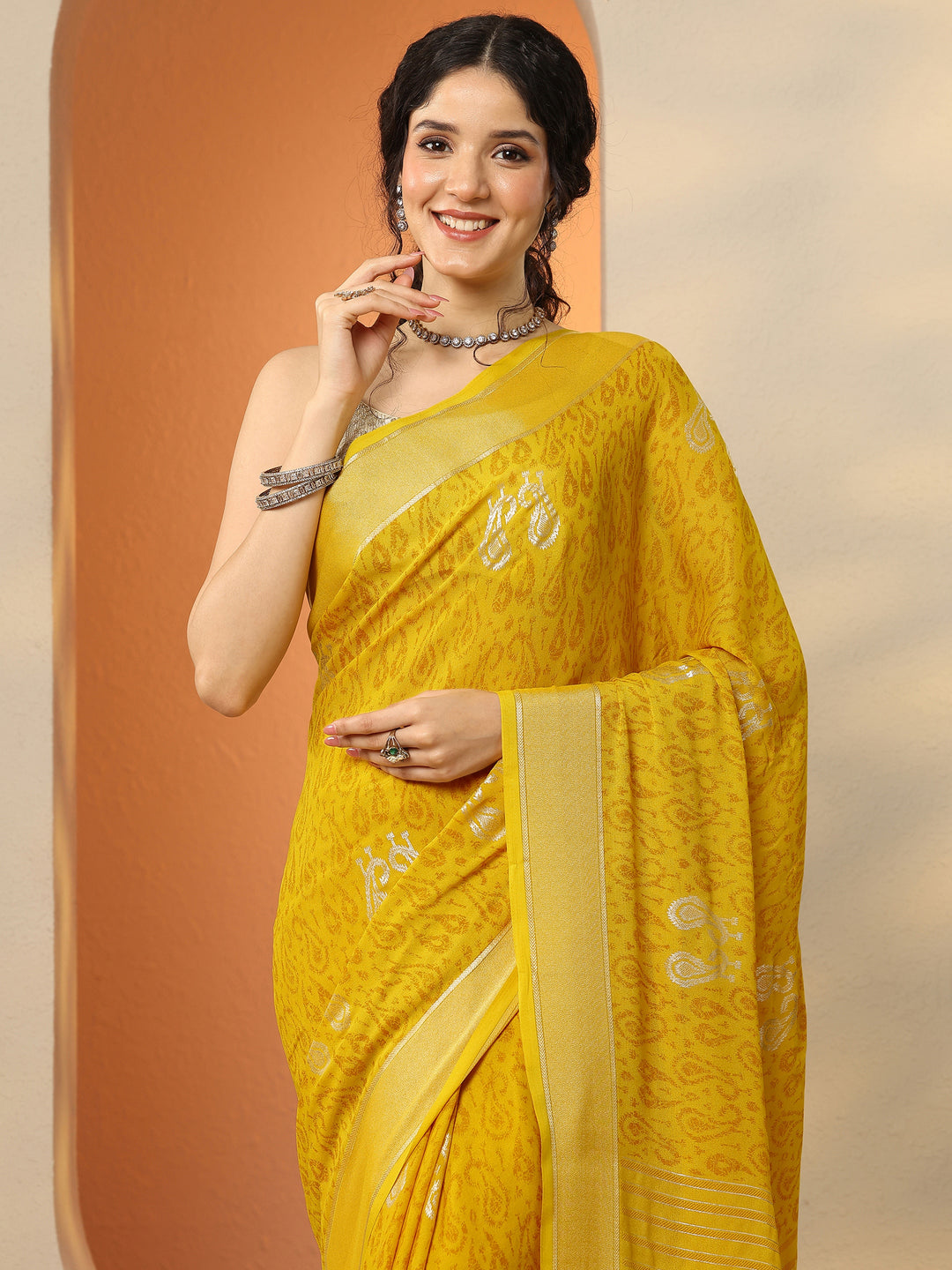  Mustard Paisley Printed Georgette Saree With Unstitched Blouse Piece 