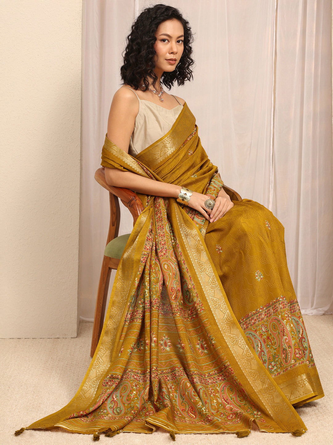  Mustard Paisley Printed Silk Blend Saree With Unstitched Blouse Piece 
