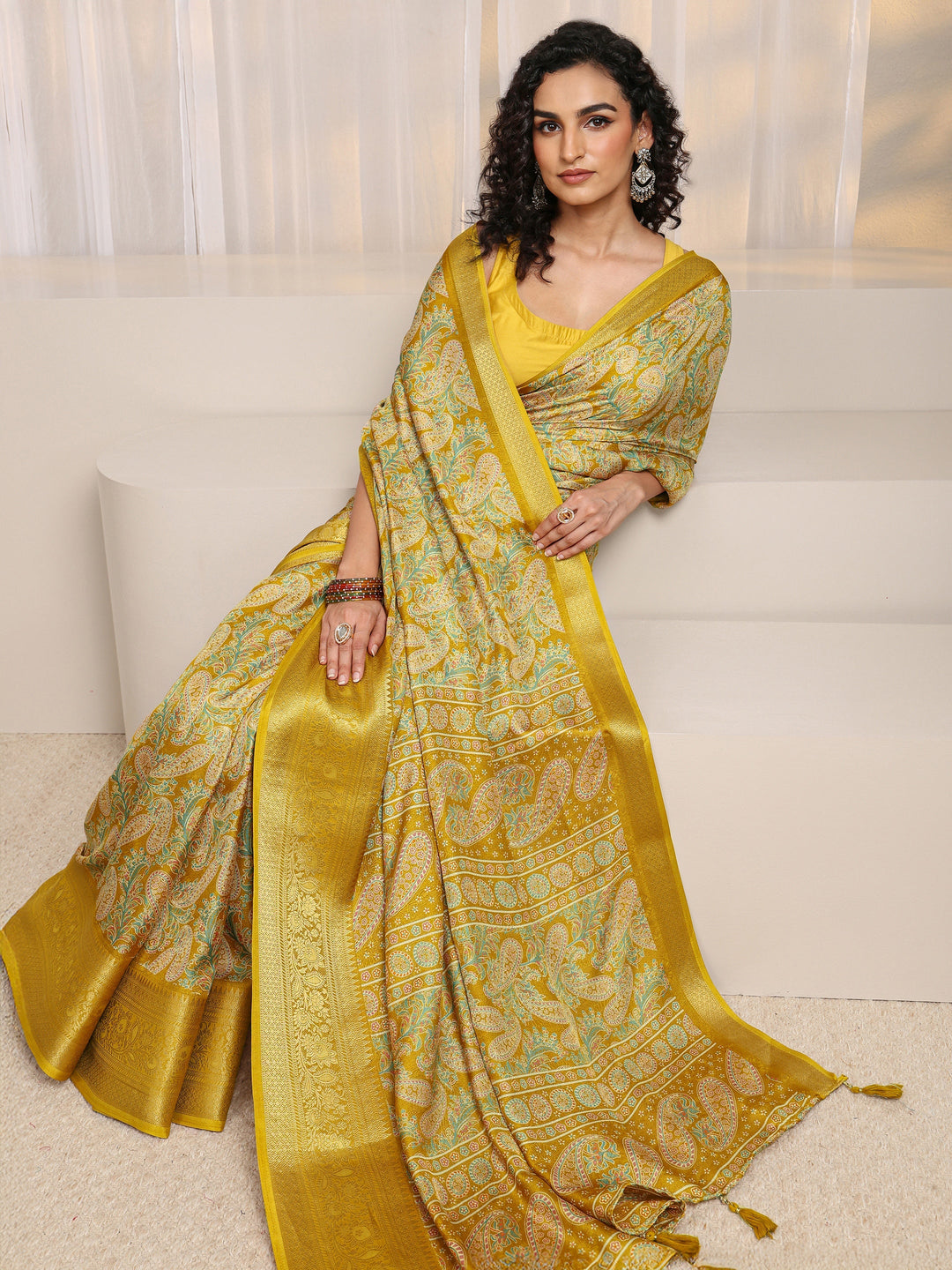 Mustard Paisley Printed Silk Blend Saree 
With Unstitched Blouse Piece