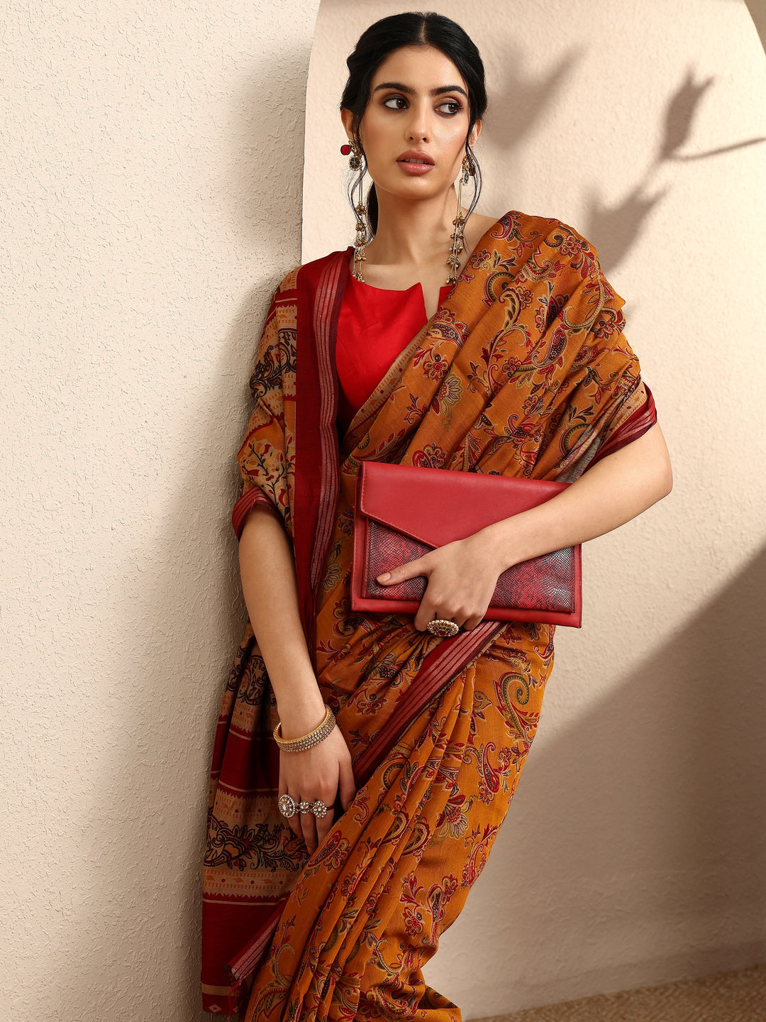  Mustard Paisley Printed Silk Blend Saree With Unstitched Blouse Piece 
