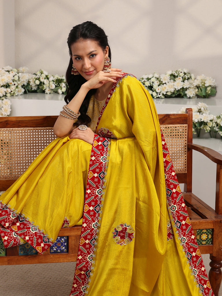 Libas Mustard Patola Border Chinon Saree With Unstitched Blouse Piece