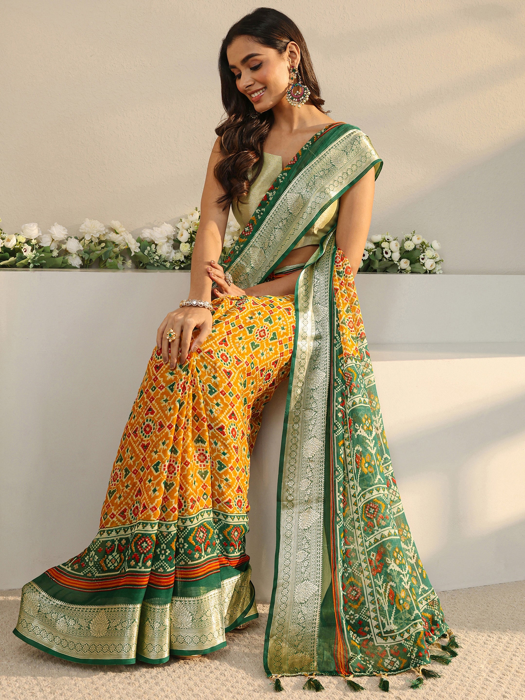 libas Mustard Pochampally Ikkat Silk Blend Saree With Unstitched Blouse Piece-picture-17