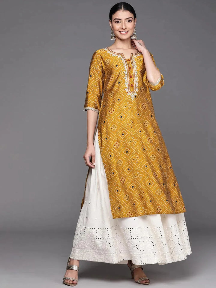 Mustard Printed Chanderi Silk Kurta - Libas