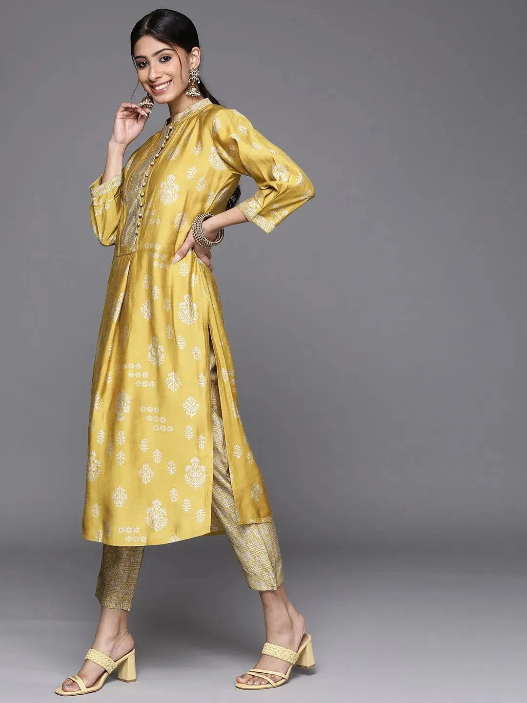 Mustard Printed Chanderi Silk Kurta - Libas