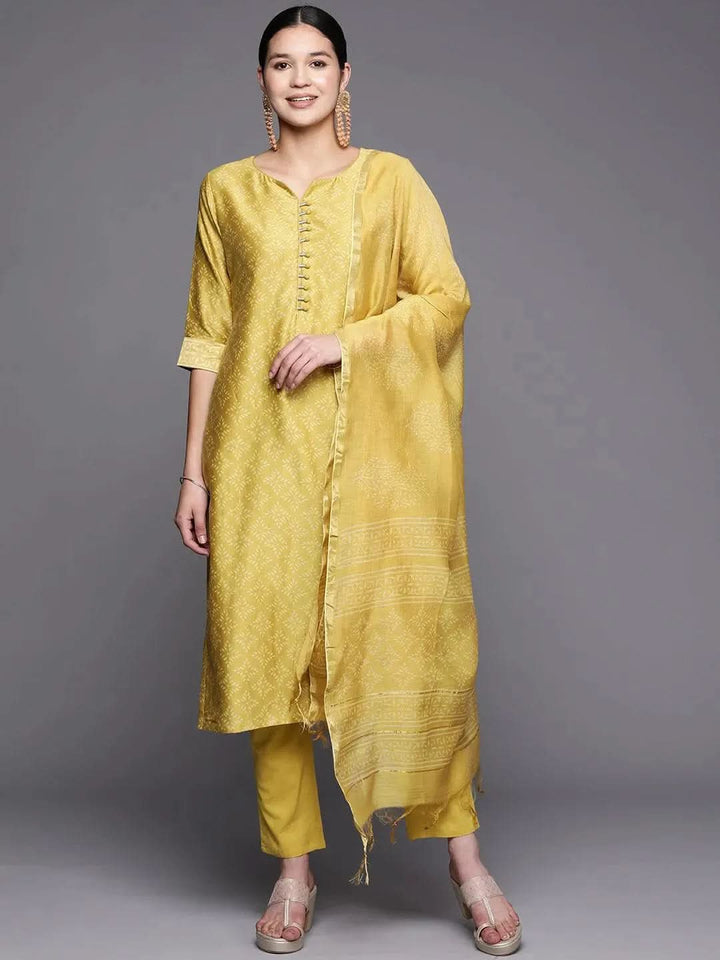Mustard Printed Chanderi Silk Straight Suit Set With Trousers - Libas