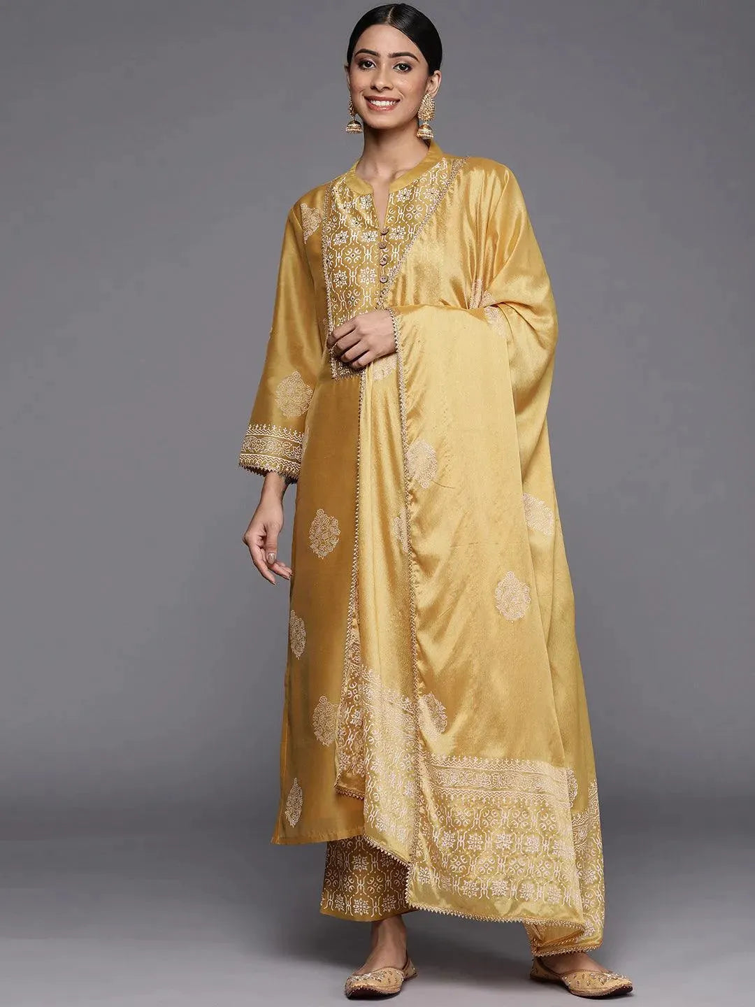 Mustard Printed Chanderi Silk Straight Suit Set - Libas