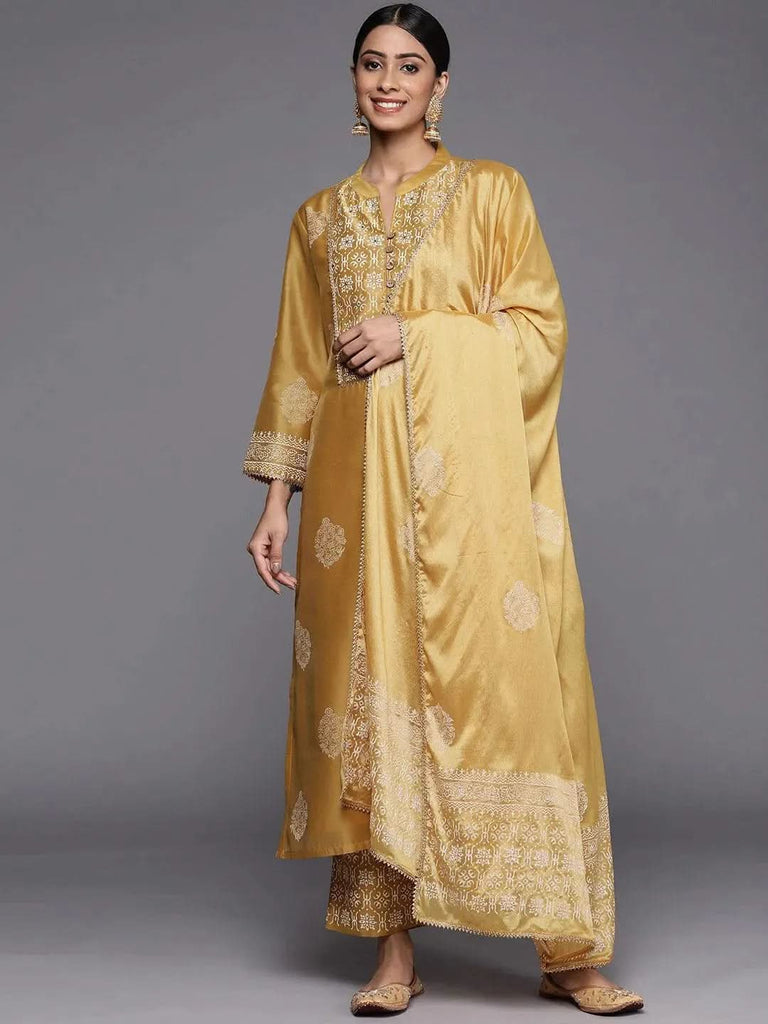 Libas Mustard Printed Chanderi Silk Straight Kurta With Dupatta