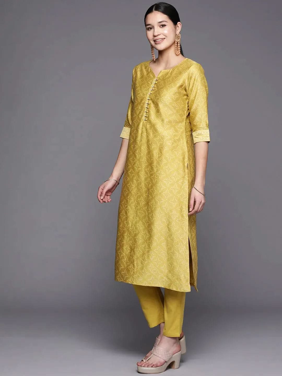 Mustard Printed Chanderi Silk Straight Suit Set With Trousers - Libas 