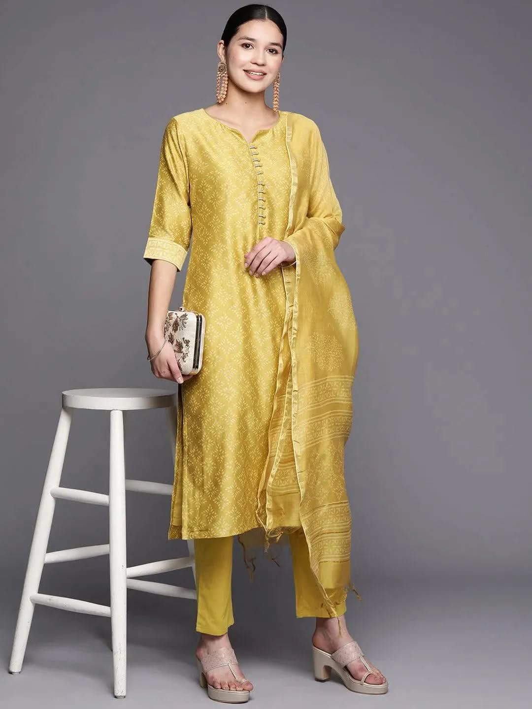 Mustard Printed Chanderi Silk Straight Suit Set With Trousers - Libas 