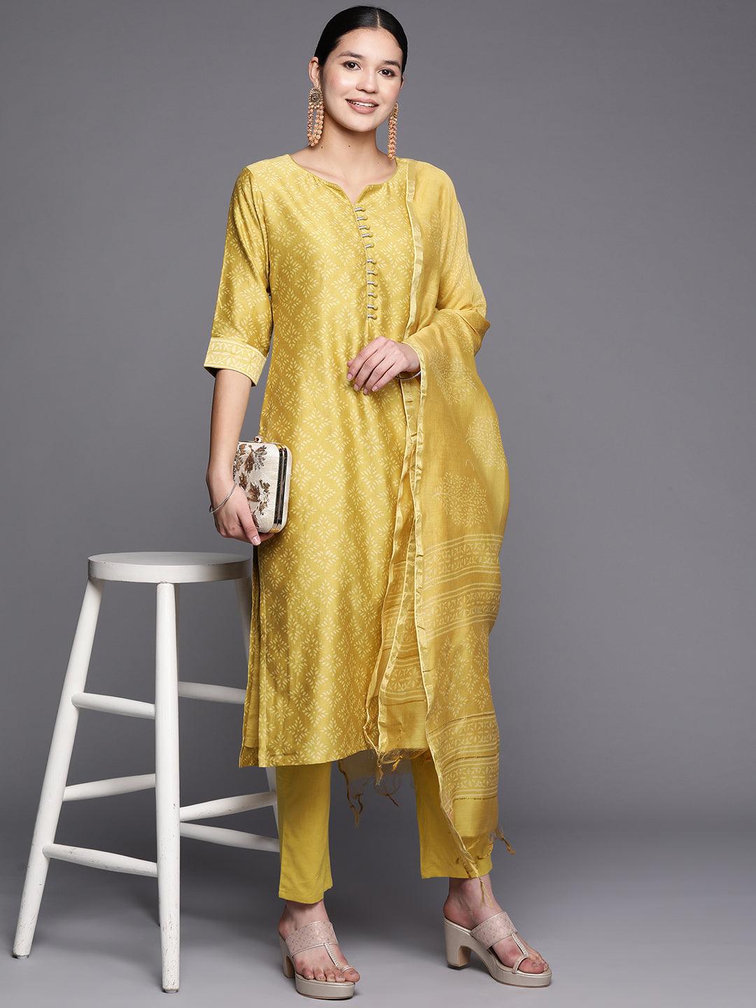 Mustard Printed Chanderi Silk Straight Suit Set With Trousers - Libas