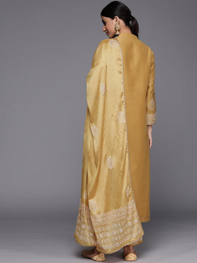 Mustard Printed Chanderi Silk Straight Suit Set - Libas